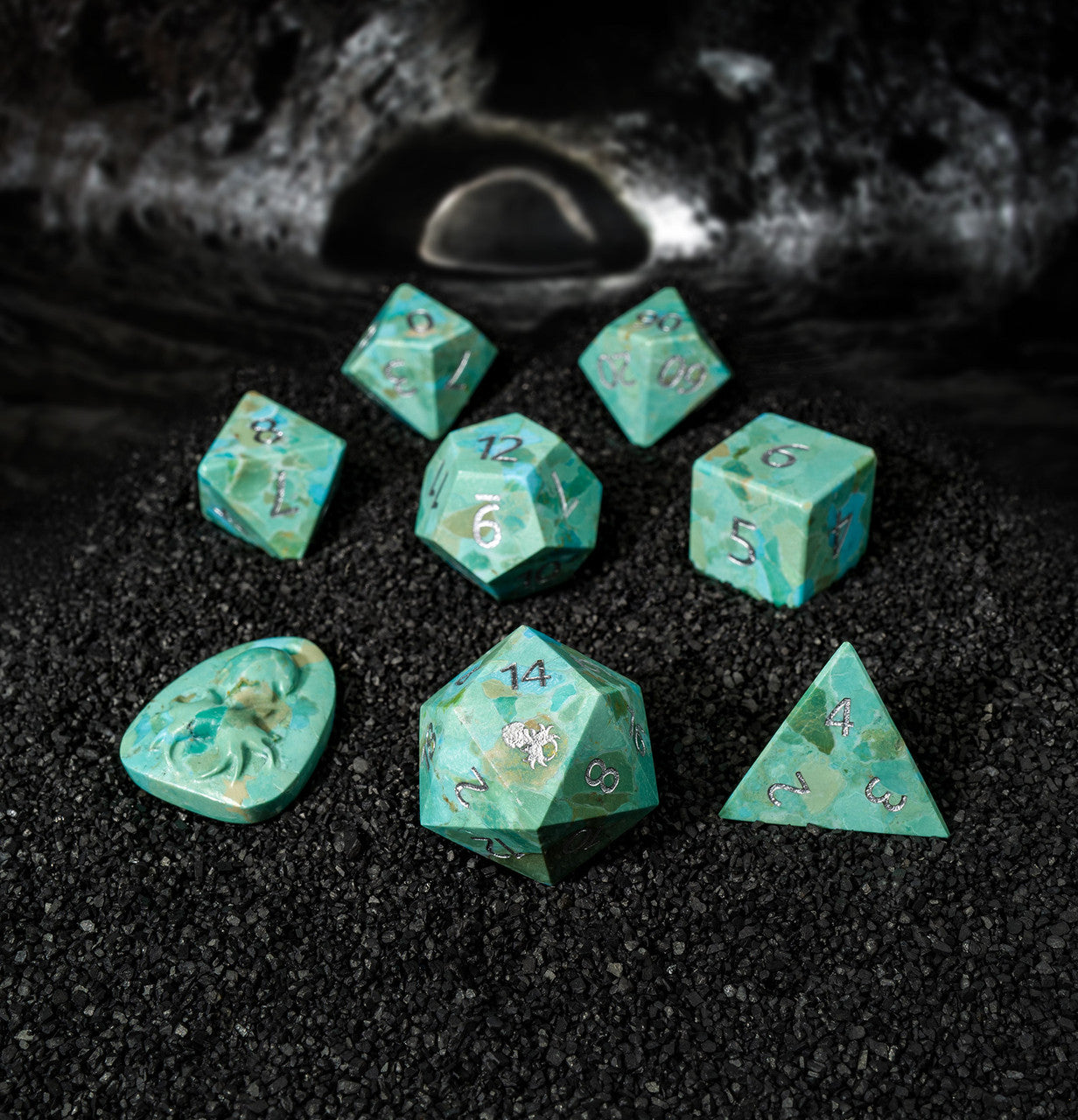 Natural Reconstituted Green Turquoise Semi-Precious 8 pc Glass Dice Set with Kraken Logo for RPGs